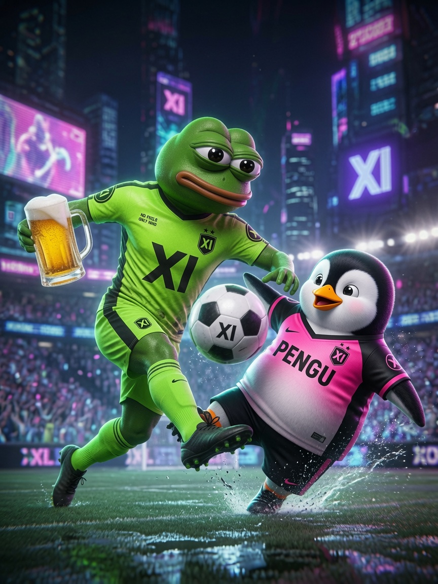 Pepe dribbling with beer while PENGU slides in