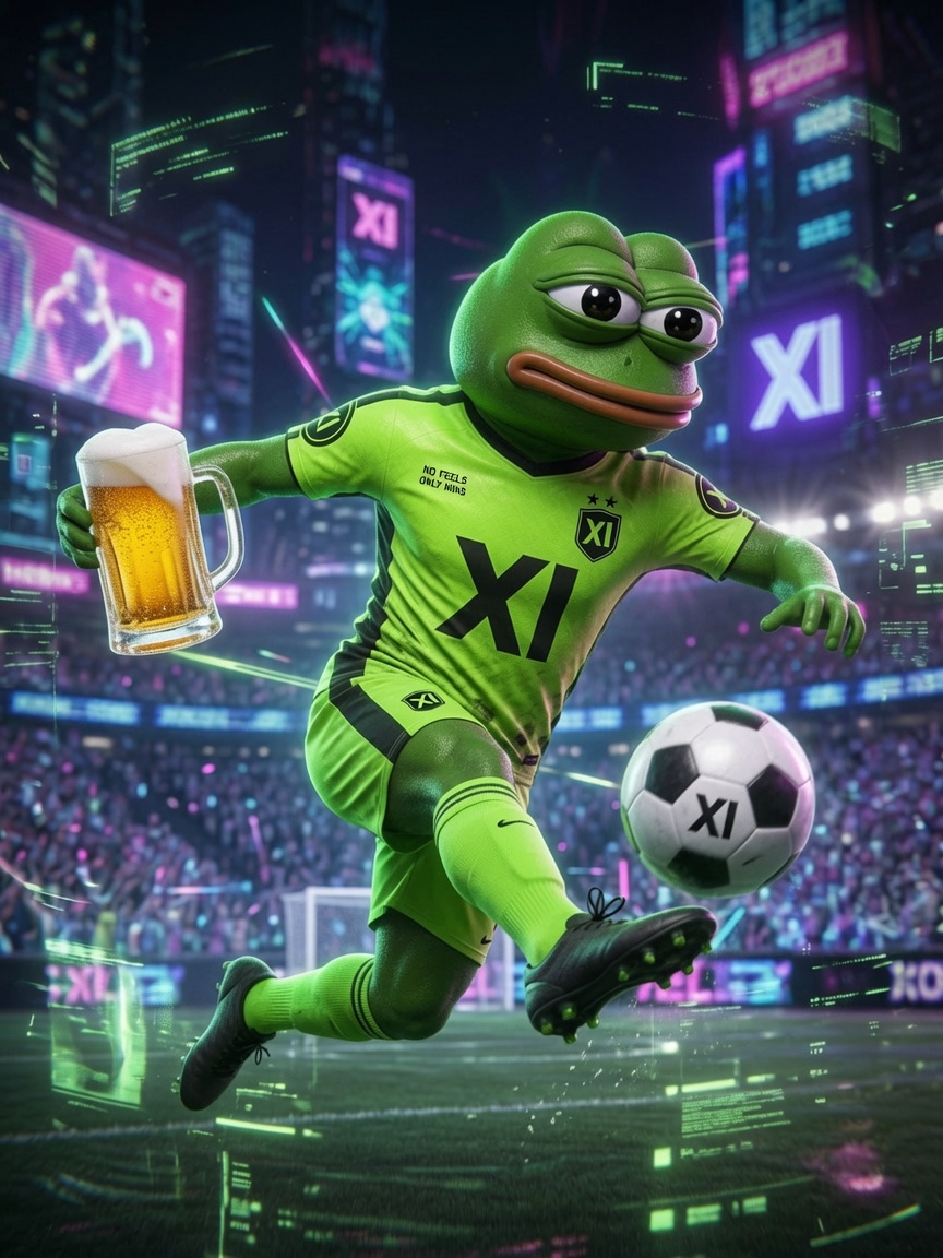 Pepe sprinting with beer and soccer ball in cyber stadium